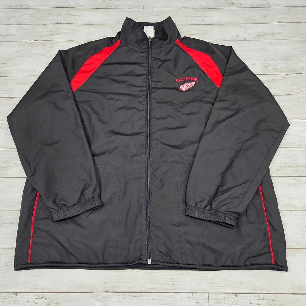 NHL Detroit Red Wings Track Jacket Windbreaker Mens M Black Red Logo Zip Up